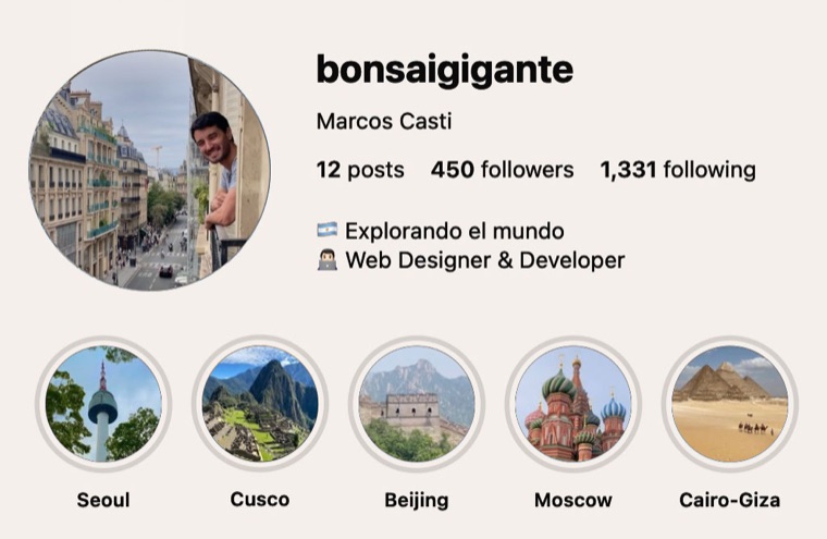 The @bonsaigigante Instagram profile, with travel highlights from Seoul, Cusco, Beijing, Moscow and Cairo