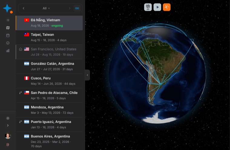 A 3D globe showing the route Marcos has travelled, with a list of recent stops